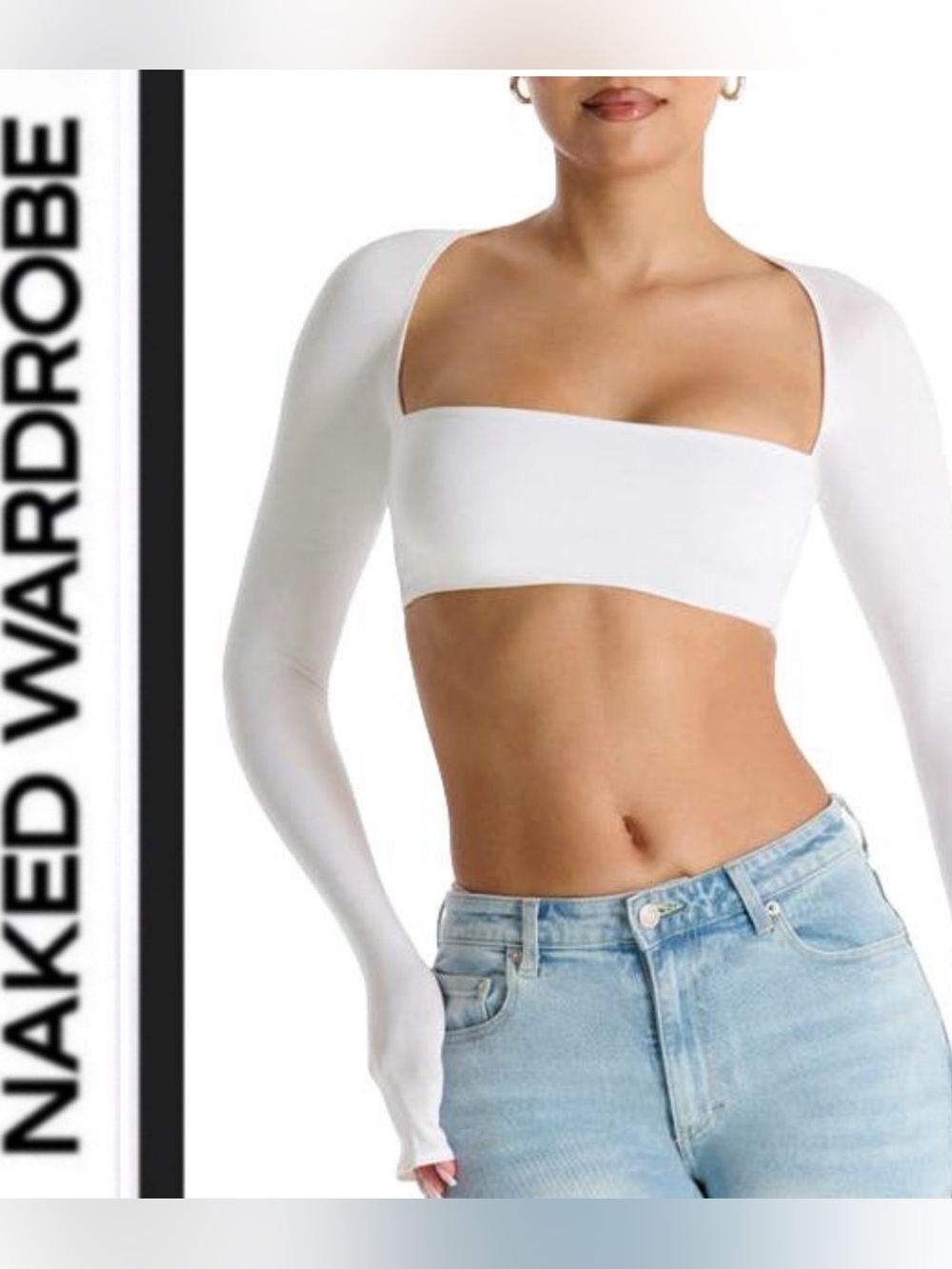 Naked  Wardrobe 🤍White Long Sleeve Square Neck ribbed Crop Top